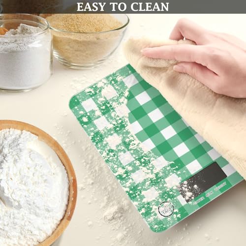 QwThum Food Scale Kitchen Digital Scale Food Ounces and Grams Dieting Baking Cooking Waterproof Glass Panels LCD Display,4 Units Scale Tare Function Gingham Green