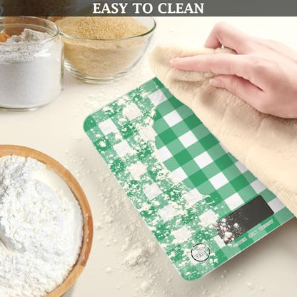 QwThum Food Scale Kitchen Digital Scale Food Ounces and Grams Dieting Baking Cooking Waterproof Glass Panels LCD Display,4 Units Scale Tare Function Gingham Green