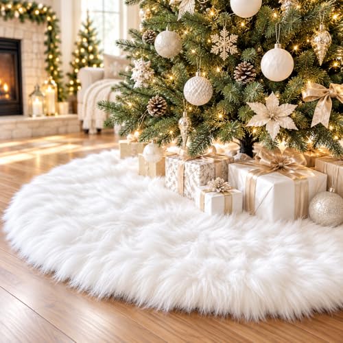 White Faux Fur Christmas Tree Skirt 30 Inch Luxury Plush Holiday Decor