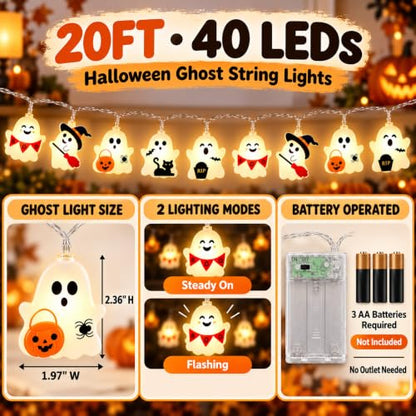Halloween Ghost String Lights 20FT 40LED Battery Operated - Variation: Ghost