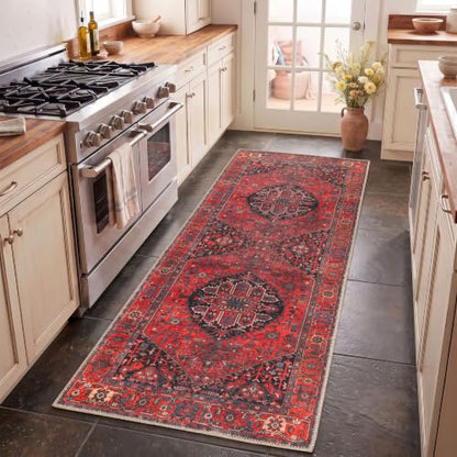 Aura Washable 2x6 Hallway Runner Rug - Turkish Boho Style, Burgundy Red Rust