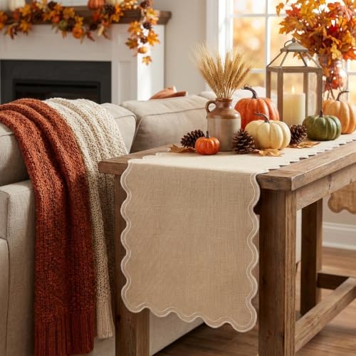 Burlap Table Runner 14x36 Inch with Scalloped Edges - Fall Rustic Home Decor (Variation: Burlap / 36 Inch)