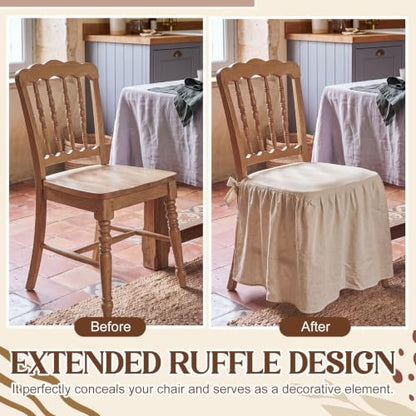 4 Pcs Ruffle Chair Cushion Covers 17.5x17.5 Inches Cotton Linen Natural - Farmhouse Style