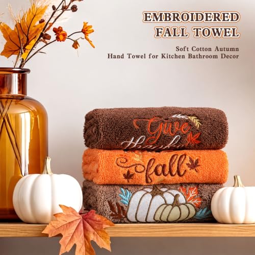 Fall Hand Towels for Bathroom - 3 Pack 13.4x29.5 Inches, Embroidered Autumn Decor