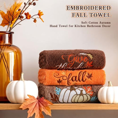 Fall Hand Towels for Bathroom - 3 Pack 13.4x29.5 Inches, Embroidered Autumn Decor