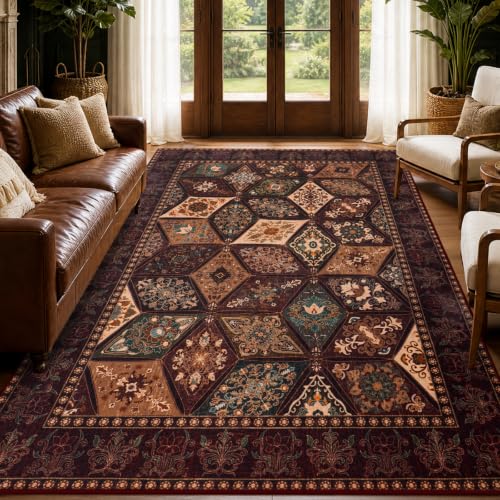 Vintage Washable Area Rug 4x6 Feet Distressed Patchwork Brown - Pet Friendly