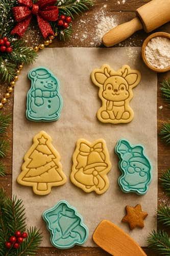 Christmas Cookie Cutters Set - 3D Raised Design Biscuit Molds with Santa Snowman Tree - Christmas C Variation