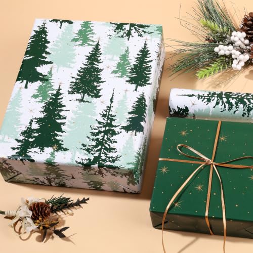 Reversible Christmas Wrapping Paper Pine Tree Design 17 x 33 Ft - Green & Gold