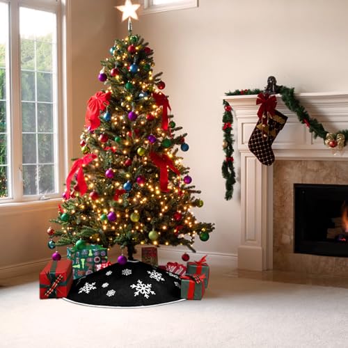 Black Burlap Christmas Tree Skirt with White Snowflakes - 23 Inch