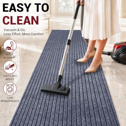 Gray Striped Runner Rug 3x10 Ft Non-Slip Rubber Backing Indoor Outdoor