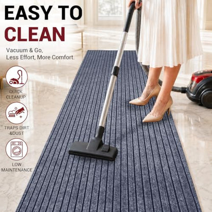Gray Striped Runner Rug 3x10 Ft Non-Slip Rubber Backing Indoor Outdoor