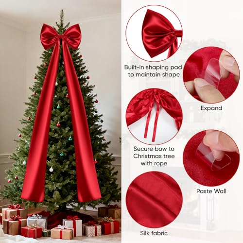 Giant 87 Inch Satin Christmas Tree Topper Bow - Red Holiday Decor