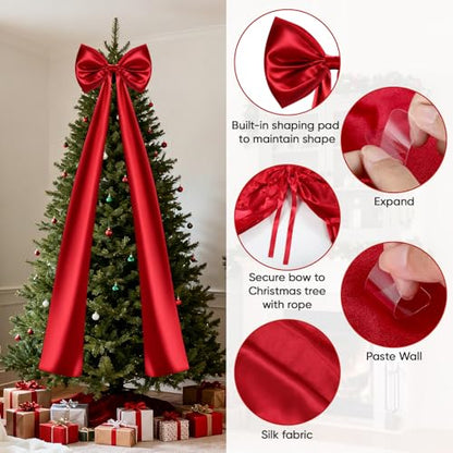 Giant 87 Inch Satin Christmas Tree Topper Bow - Red Holiday Decor