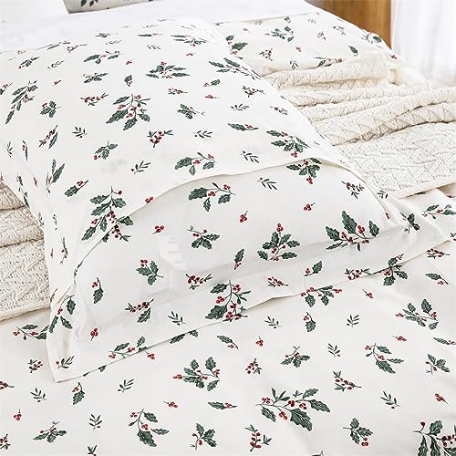 Christmas Duvet Cover Set Queen Size Holly Berries Pattern 90x90 Inch with 2 Shams