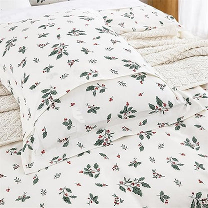 Christmas Duvet Cover Set Queen Size Holly Berries Pattern 90x90 Inch with 2 Shams