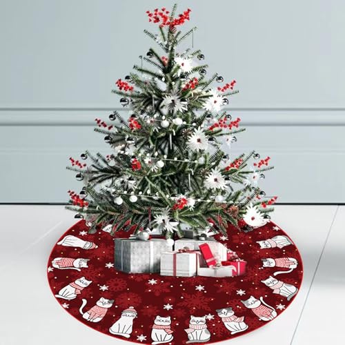 GAGEC Burgundy Christmas Tree Skirt 36 Inch for Indoor Outdoor Holiday Decor - Wine Red Cat Style