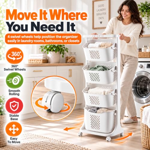 4 Tier Vertical Laundry Basket Organizer with Wheels - Space Saving Hamper