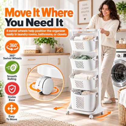 4 Tier Vertical Laundry Basket Organizer with Wheels - Space Saving Hamper