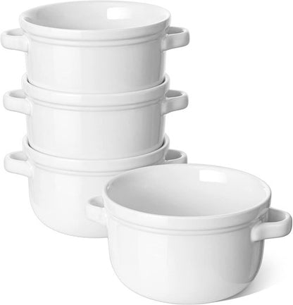LE TAUCI Soup Bowls - 28 oz Ceramic Crocks With Handles | Oven & Microwave Safe, Set of 4, White