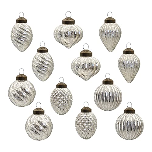 Glass Christmas Ball Ornament Set - Silver Antiqued Holiday Decor 12 Pieces