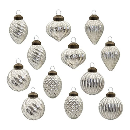 Glass Christmas Ball Ornament Set - Silver Antiqued Holiday Decor 12 Pieces