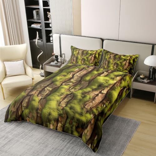 Tree Bark Duvet Cover Set Twin Size Cotton Woodland Bedding - Green Yellow Variation