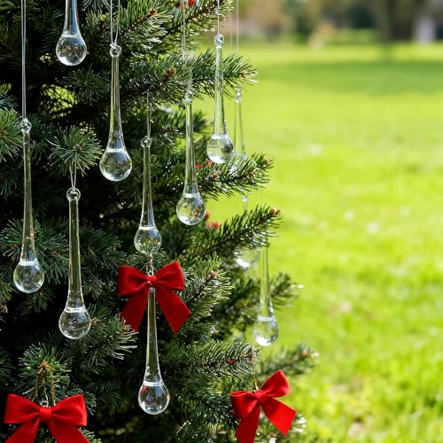 Glass Ice Drops 30mm Christmas Teardrop Ornaments - Clear Crystal Glass Raindrop Decorations for Tree & Chandelier - Set of 8