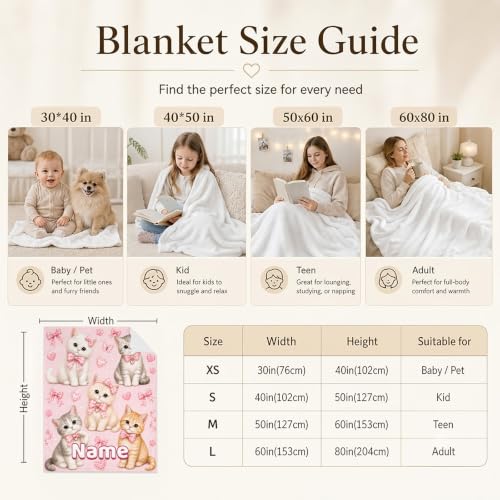 Personalized Girls Cat Blanket Pink Bow - Custom Kids Throw