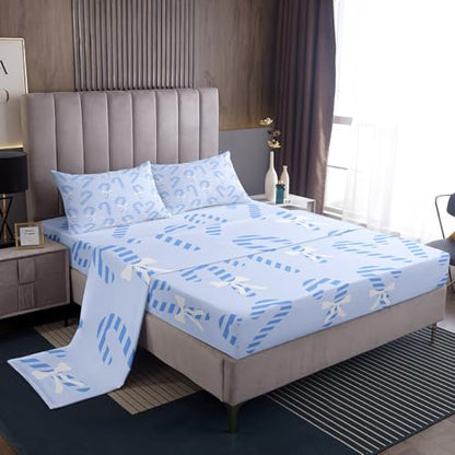Christmas Bed Sheets Set Full Size - Candy Cane Pattern, Blue & White Variation