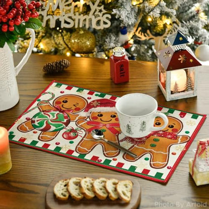12x18 Inch Christmas Gingerbread Candy Cane Placemats Set of 8 - Holiday Table Decor