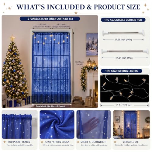 Blue Sheer Curtain with Star Pattern and String Lights for Nursery and Bedroom Decor