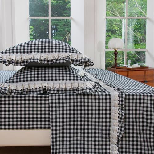 Queen Size Washed Cotton Sheet Set with Gingham Ruffle - Black & White