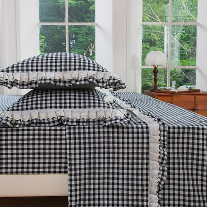 Queen Size Washed Cotton Sheet Set with Gingham Ruffle - Black & White