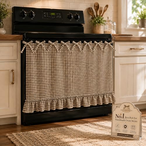 Farmhouse Oat Gingham Oven Skirt Curtain with Tie Top - Handmade Kitchen Decor