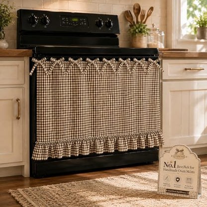 Farmhouse Oat Gingham Oven Skirt Curtain with Tie Top - Handmade Kitchen Decor
