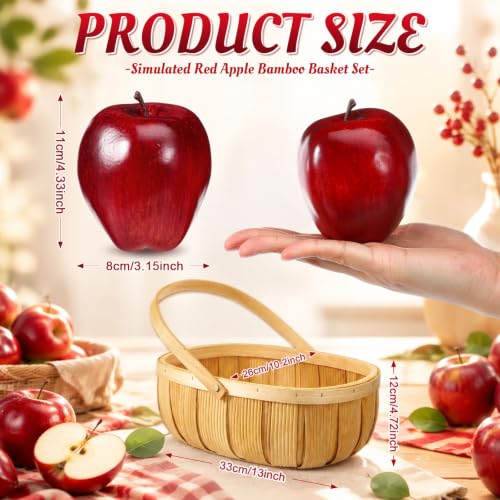 Fake Red Apples with Bamboo Basket - Fall Farmhouse Decor Set of 12