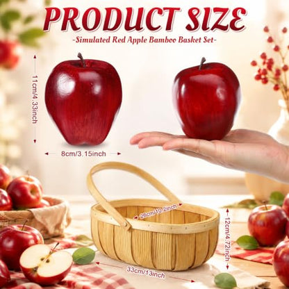 Fake Red Apples with Bamboo Basket - Fall Farmhouse Decor Set of 12