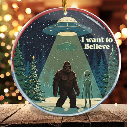 Bigfoot and Alien UFO Christmas Ornament - Funny Sasquatch & Alien Holiday Decor