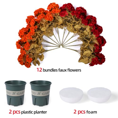 Artificial Geranium Flowers for Outdoors 12-Pack Fall Garden Decor with Red & Orange Variations