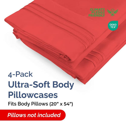 Skiennix Body Pillowcases Set of 4 | Soft, Cozy 20x54 Long Pillow Covers for Side Sleepers - Machine Washable, Fade Resistant (Red)