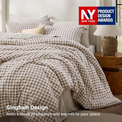 Bedsure Brown Gingham Queen Comforter Set - Reversible, Soft All-Season Bedding