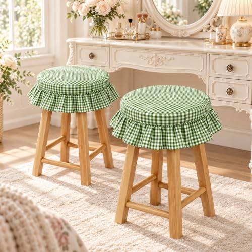 Gingham Ruffled Stool Covers 2-Pack - Green & White Plaid Home Decor