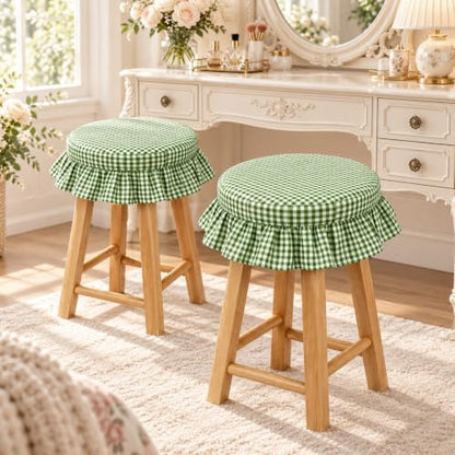 Gingham Ruffled Stool Covers 2-Pack - Green & White Plaid Home Decor