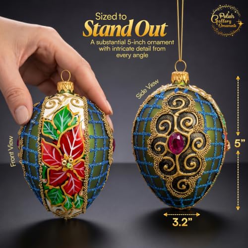 Olive Green Faberge Egg Hand Blown Glass Christmas Ornament 5 Inch
