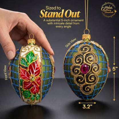 Olive Green Faberge Egg Hand Blown Glass Christmas Ornament 5 Inch