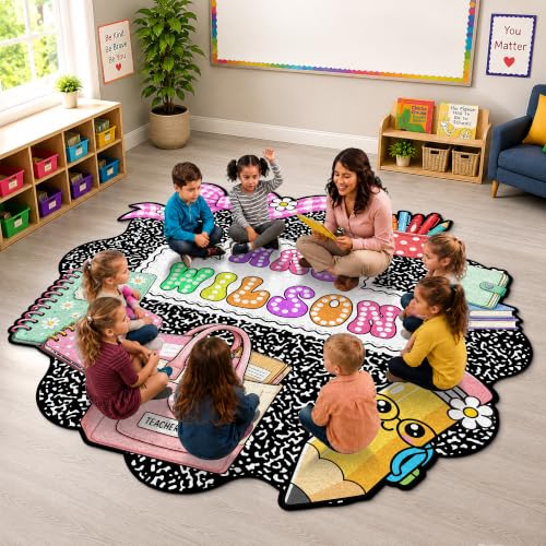 Personalized Classroom Shaped Rug for Kids with Name - Composition Notebook Design