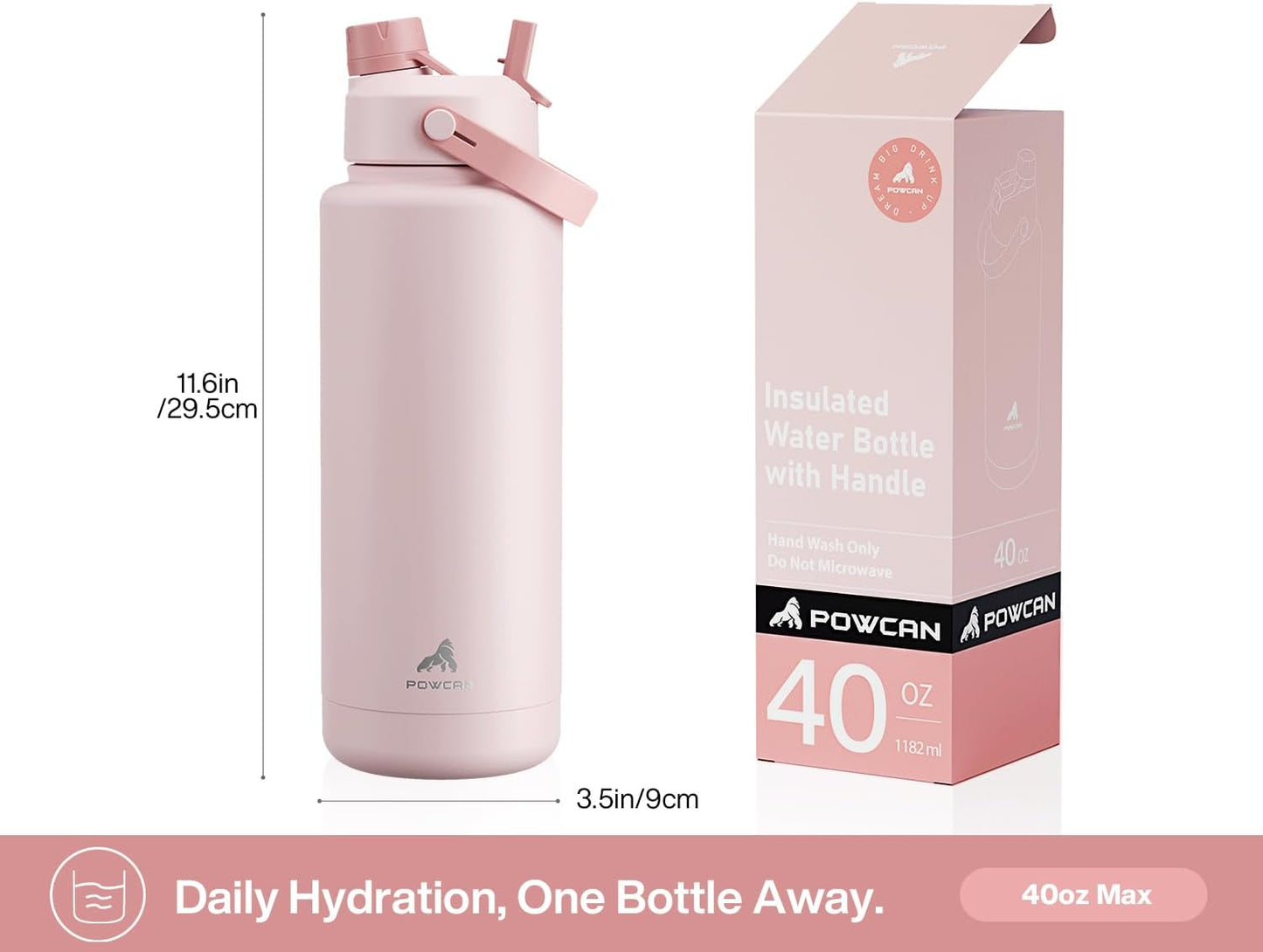 POWCAN 40 oz Insulated Water Bottle - 2-in-1 Straw & Spout Lid | Keeps Drinks Cold 24H, Leak-Proof, BPA-Free (Cotton Candy)