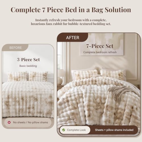 Weigelia Faux Rabbit Fur King Comforter Set - Tiedyekhaki 7 Piece Bed in a Bag