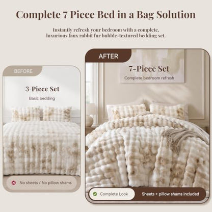 Weigelia Faux Rabbit Fur King Comforter Set - Tiedyekhaki 7 Piece Bed in a Bag