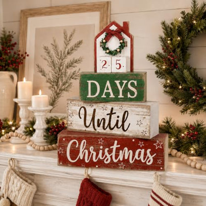 House Christmas Countdown Decorations Indoor - Wooden Festive Calendar with Mini House - Earligrow